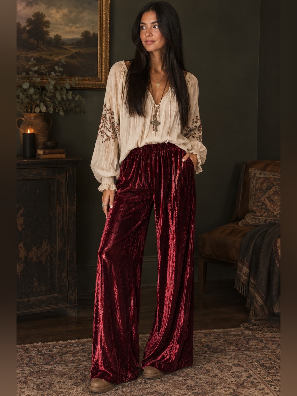 CP Shades Red Velvelt Wide Leg Pants